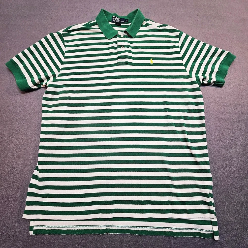 Polo Ralph Lauren Mens XL Green White Striped Short Sleeve Cotton Polo Shirt‎